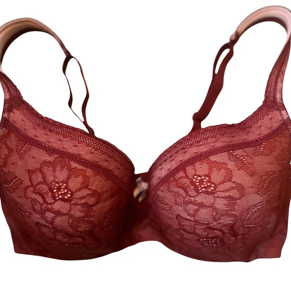 Cacique Lace Plunge‎ Bra Floral Burgundy Adjustable Straps 38DD - Picture 1 of 7